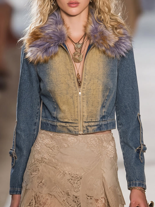 Blue Denim Faux Fur Collar Cropped Jacket