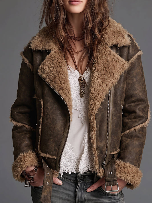 Brown Faux Shearling Zip Front Aviator Jacket