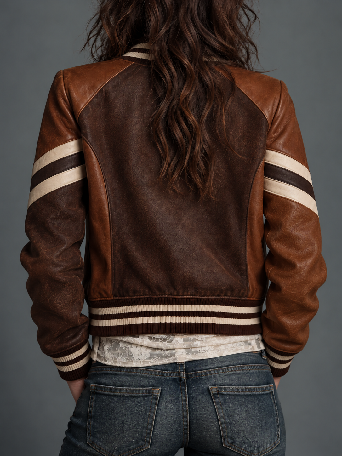 Brown Striped Leather Bomber Jacket