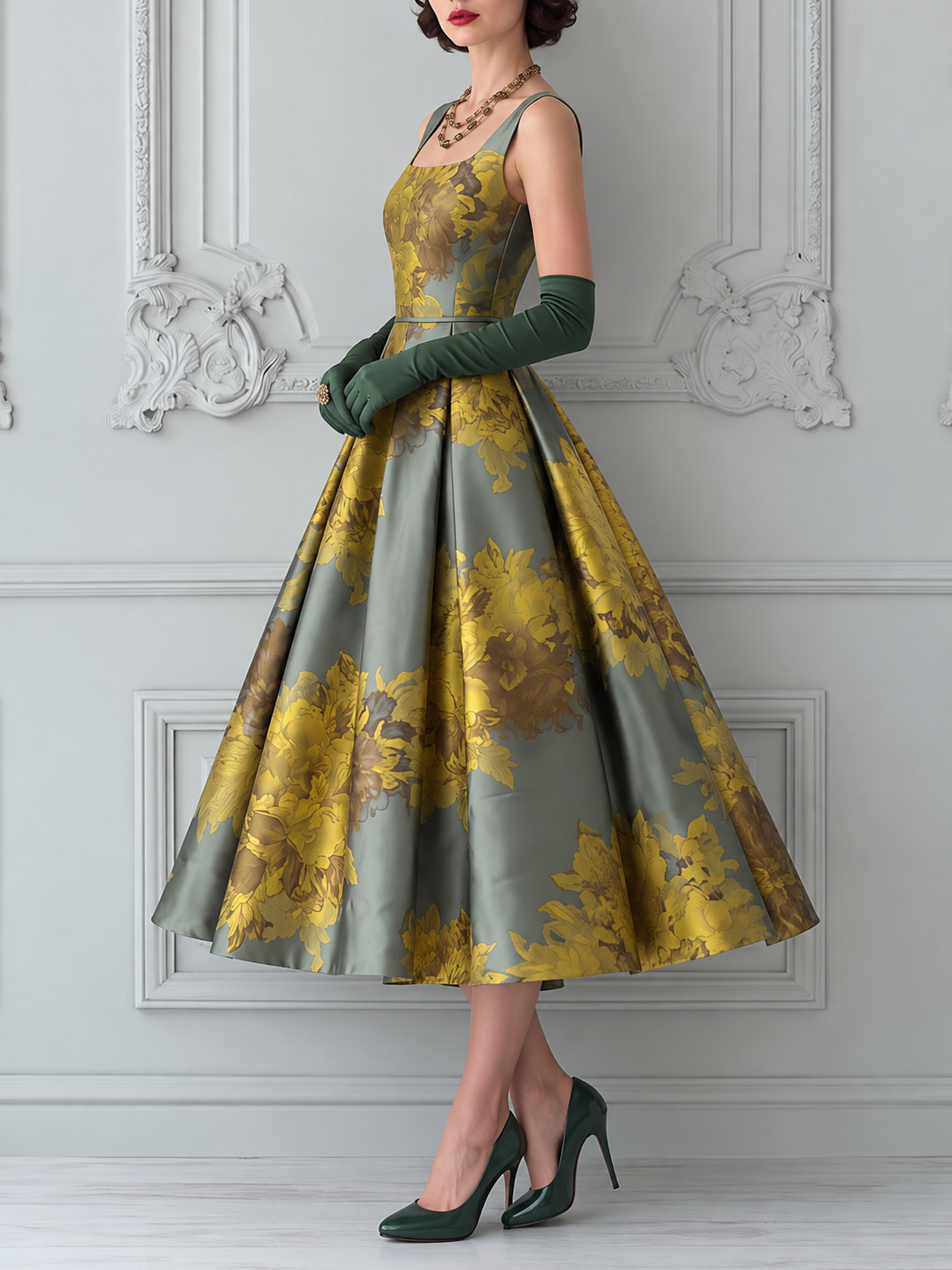 Satin Floral Print Square Neck A-Line Dress