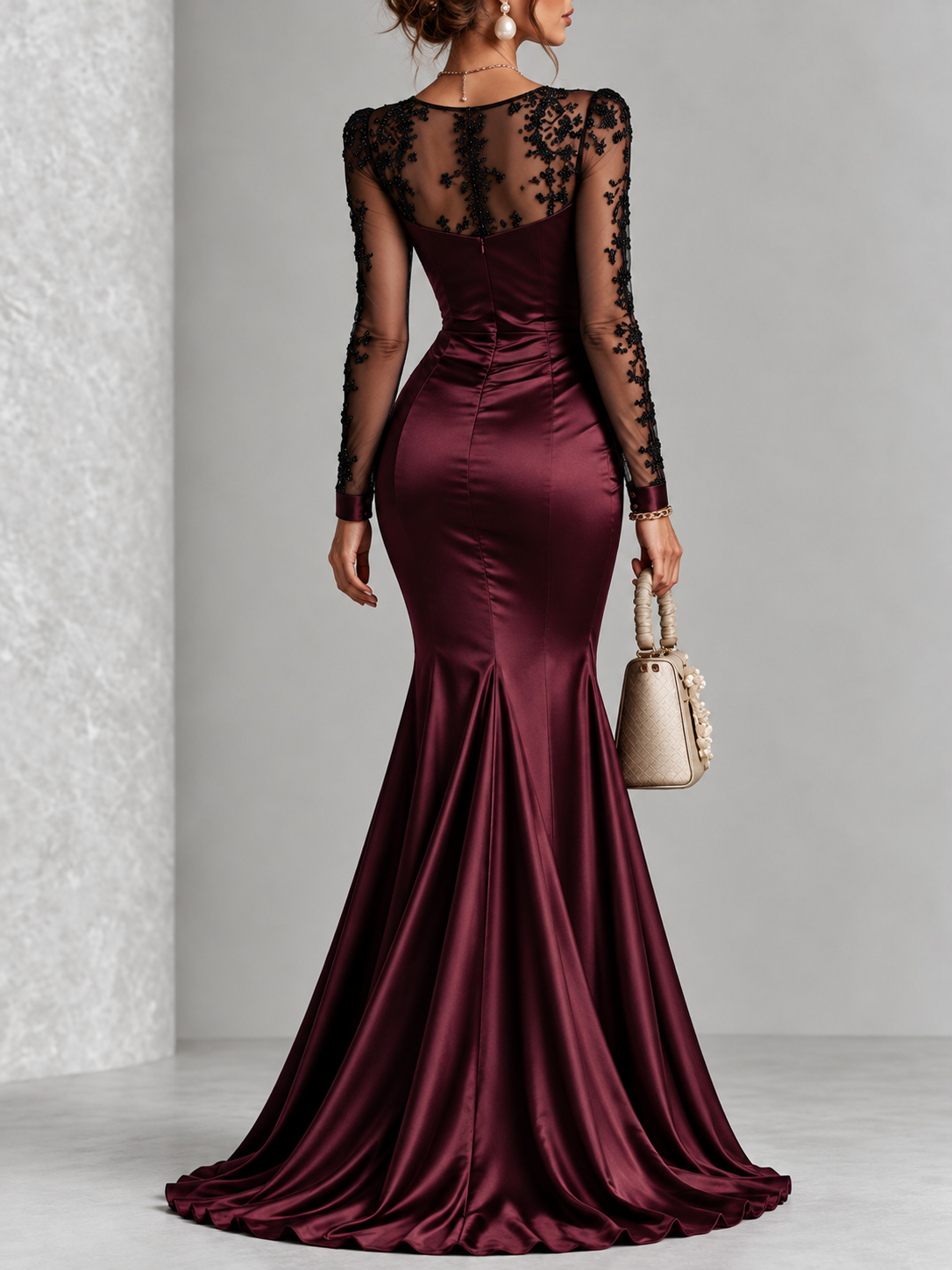 Plum Satin Lace Trim Long Sleeve Mermaid Dress