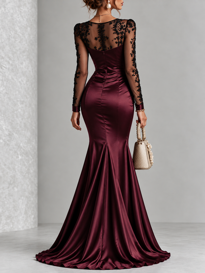 Plum Satin Lace Trim Long Sleeve Mermaid Dress