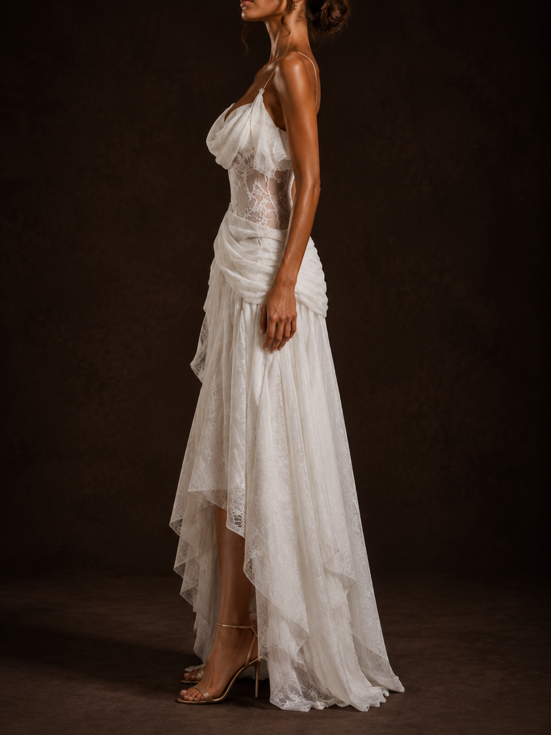 White Draped Lace Corset Maxi Dress