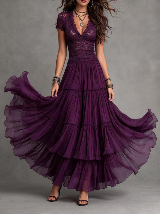 Deep Plum Lace V-Neck Tiered Maxi Dress