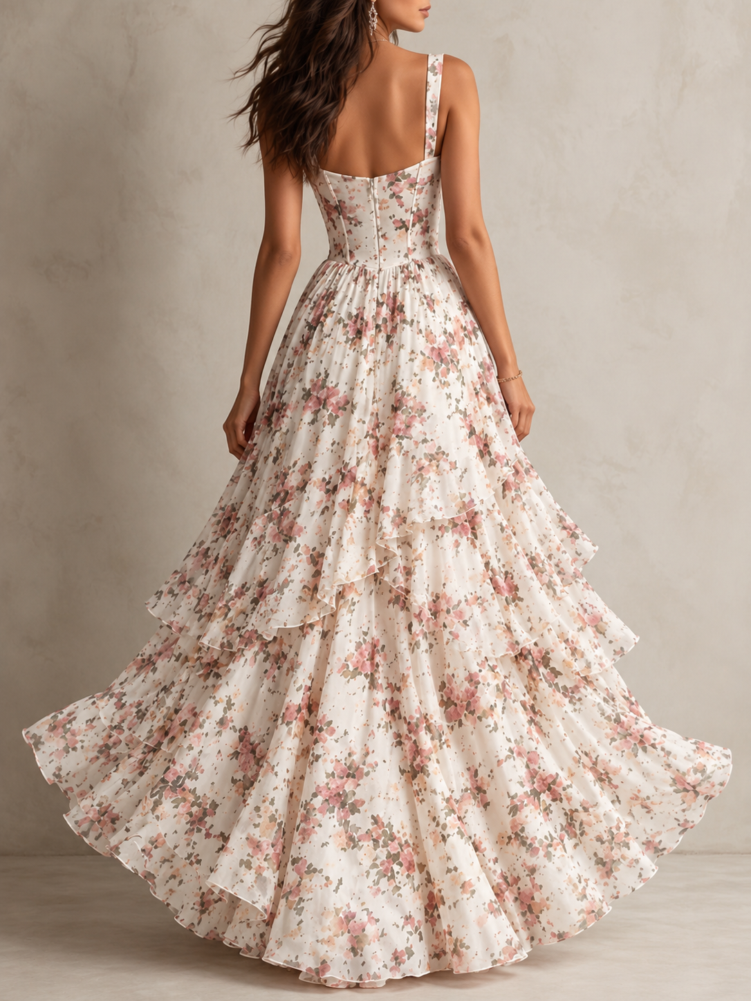 Floral Print Corset Tiered Ruffle Maxi Dress
