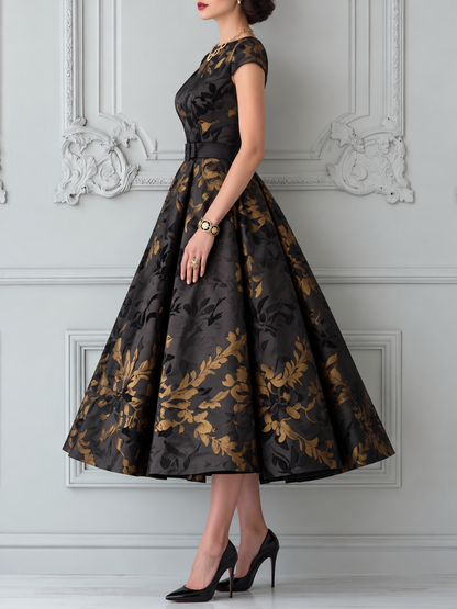 Black Gold Leaf Brocade A-Line Midi Dress