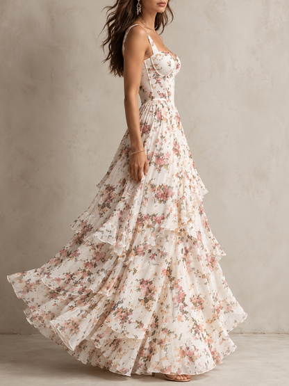 Floral Print Corset Tiered Ruffle Maxi Dress